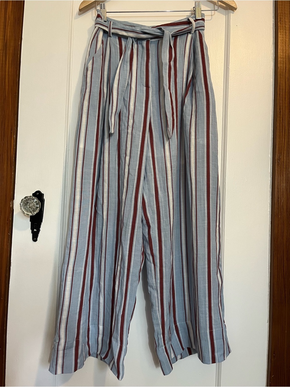 High-Waist Wide Leg Striped Tie-Waist Pants - Light Blue, White & Burgundy